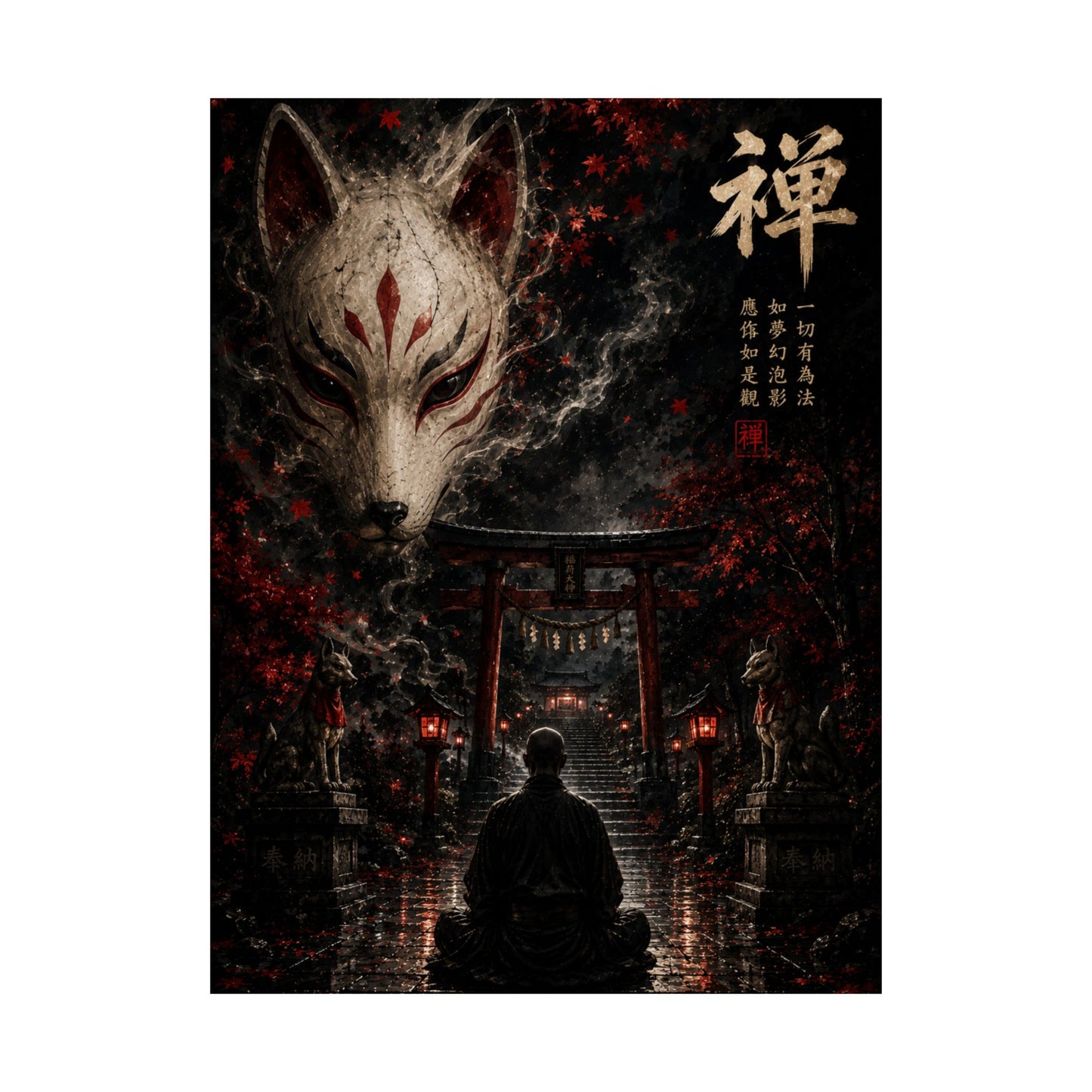Zen Fox Shrine Matte Poster — Japanese Kitsune Meditation Art
