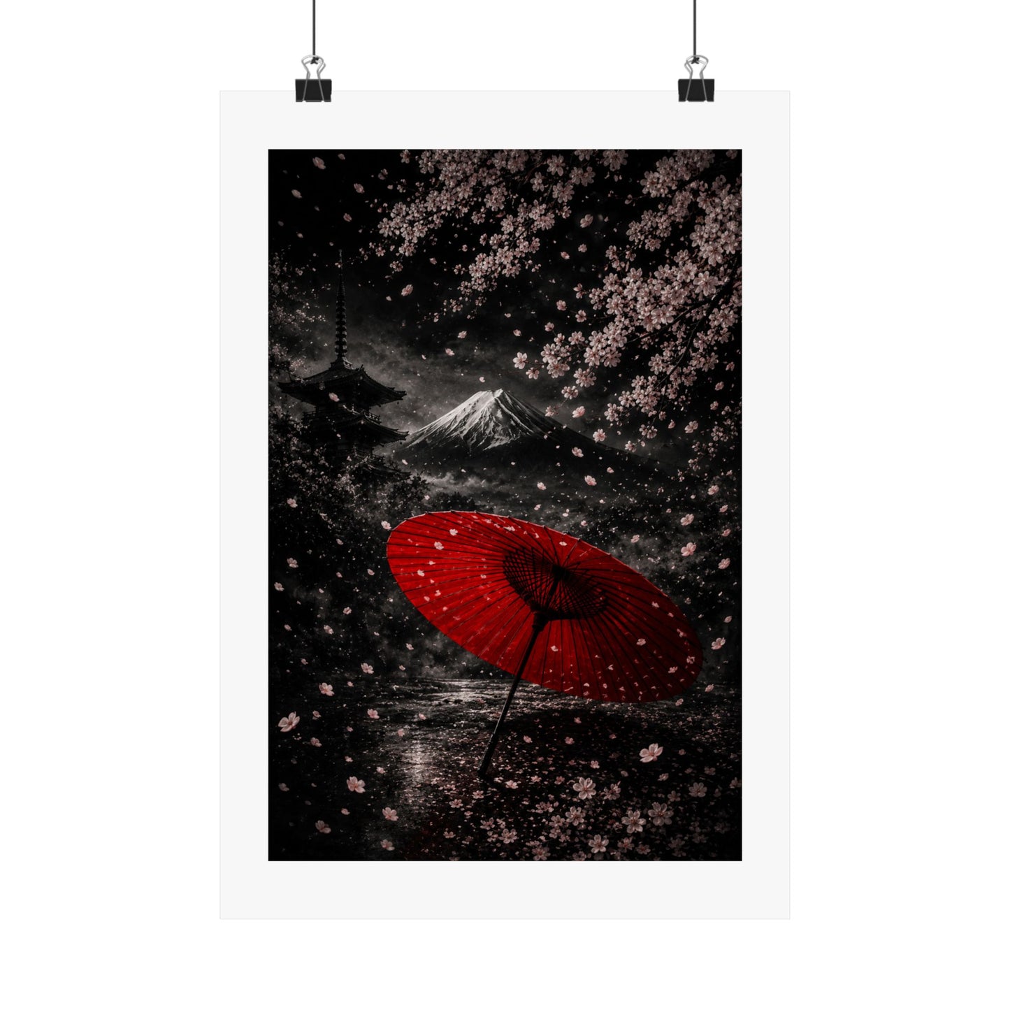 Japanese Cherry Blossom Poster — Red Umbrella & Mt. Fuji Matte Vertical Art