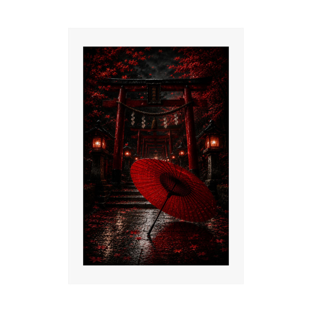 Japanese Torii Gate Poster — Red Umbrella Nightfall Matte Vertical Art