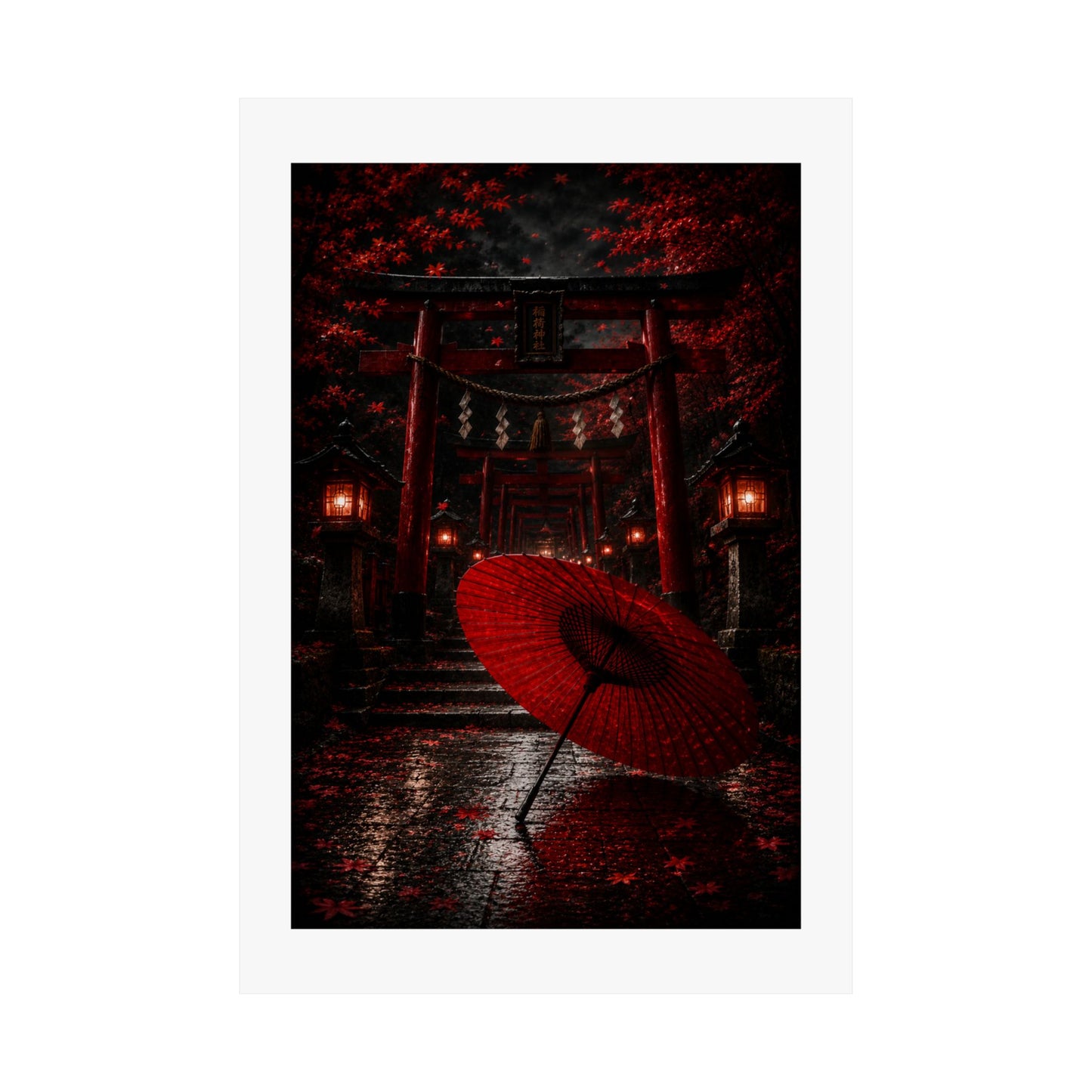 Japanese Torii Gate Poster — Red Umbrella Nightfall Matte Vertical Art
