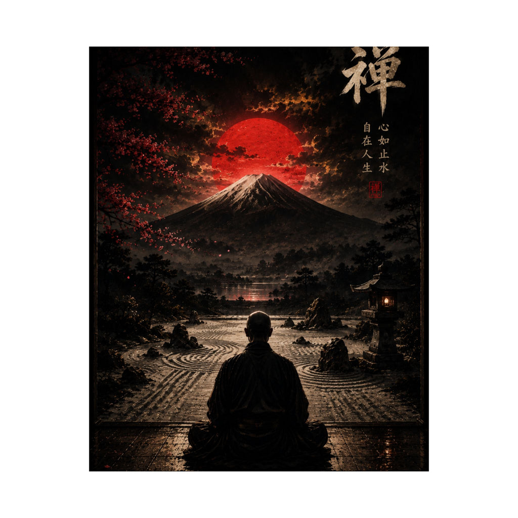 Zen Mountain Poster — Meditating Monk at Mount Fuji with Red Sun (Matte Vertical)