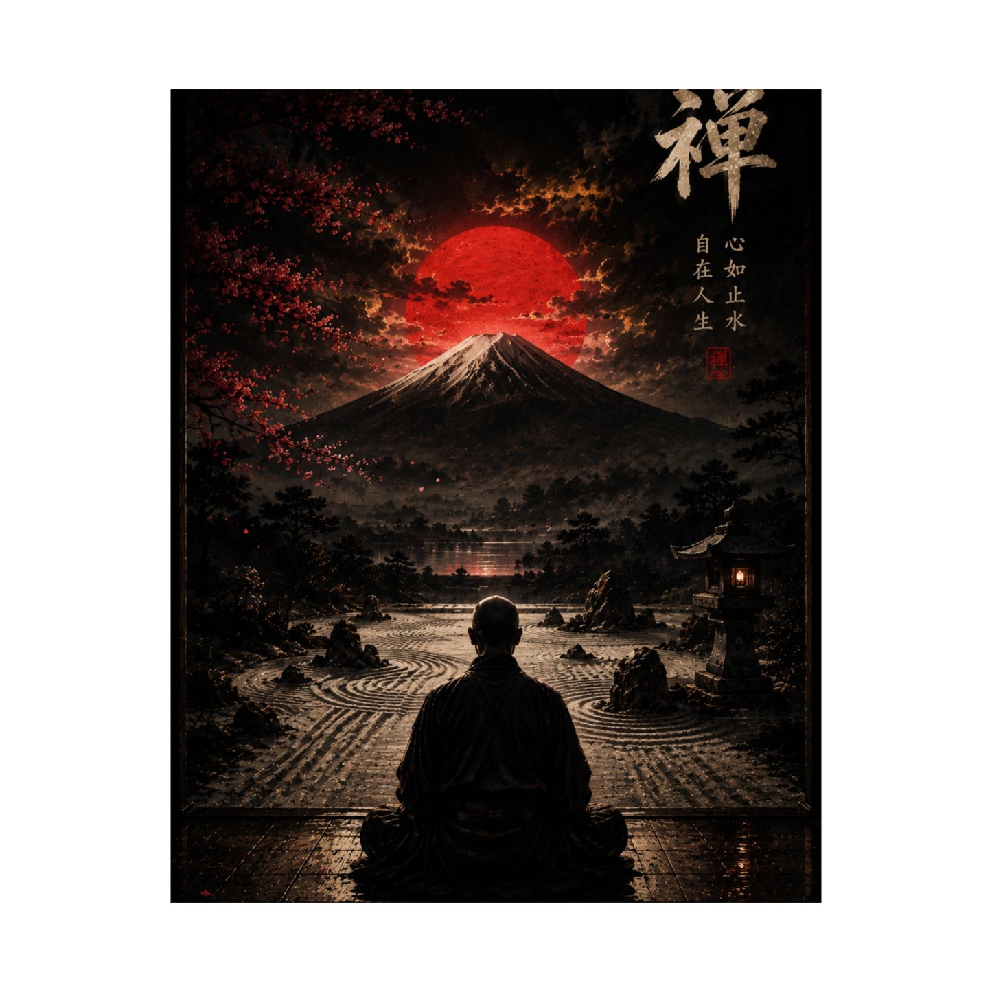 Zen Mountain Poster — Meditating Monk at Mount Fuji with Red Sun (Matte Vertical)