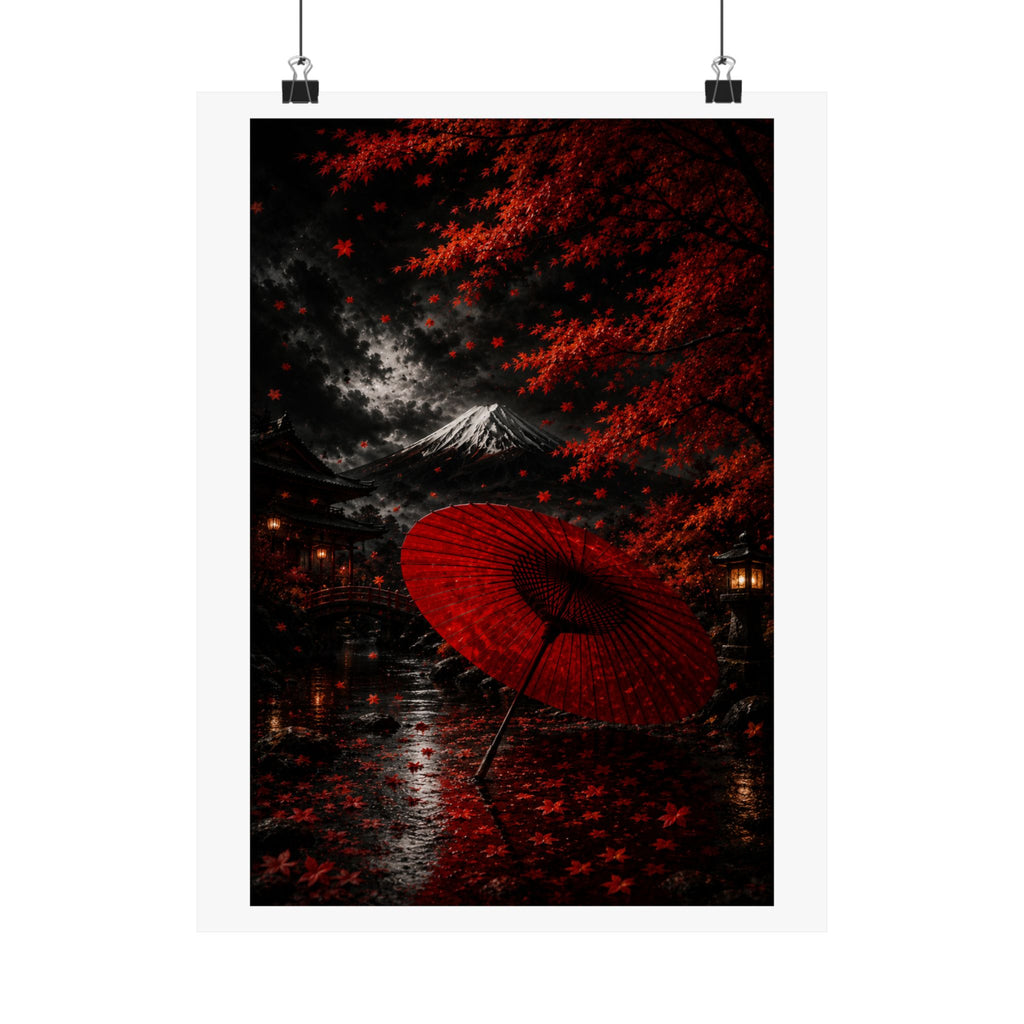 Red Umbrella Autumn Poster — Matte Vertical Japanese Landscape Print