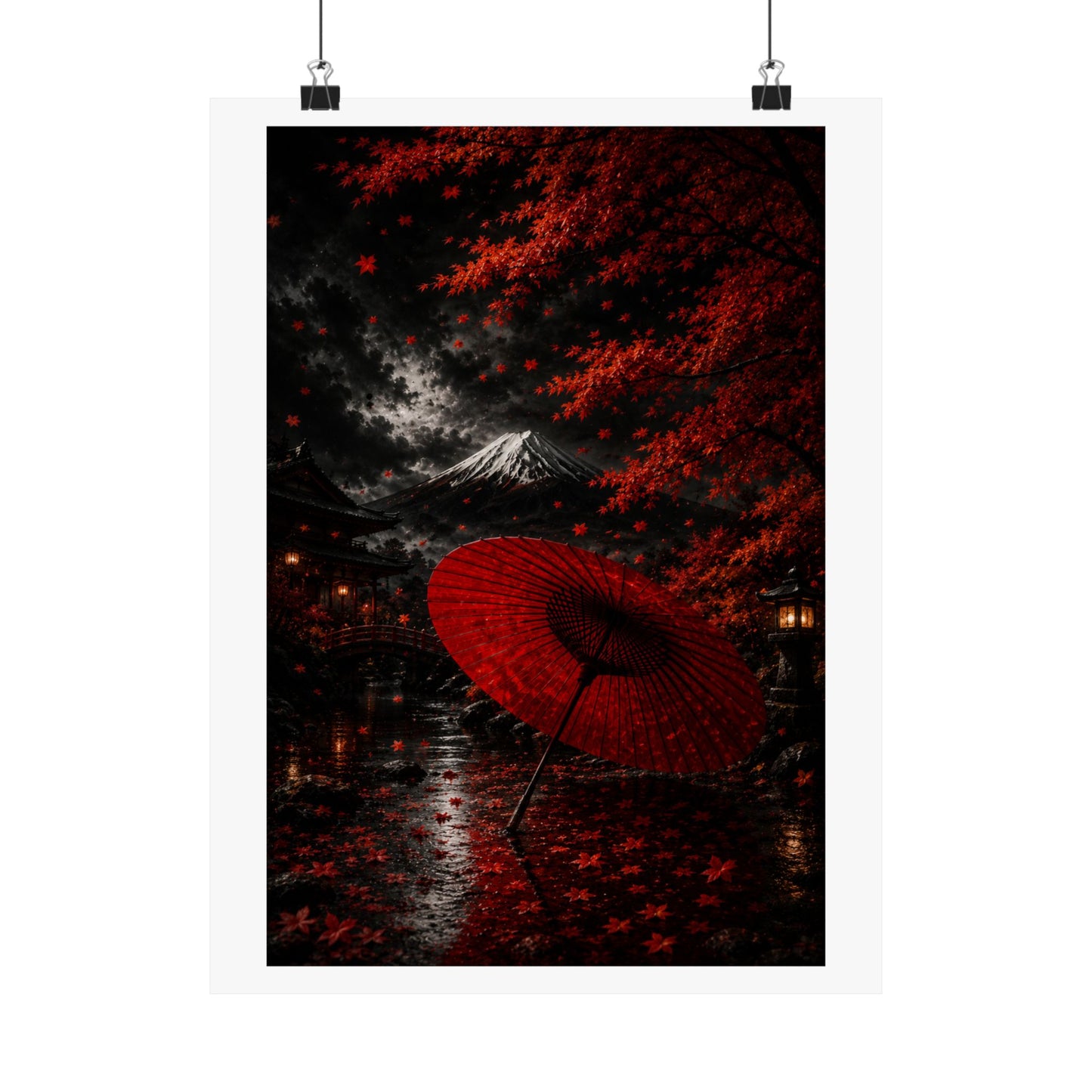 Red Umbrella Autumn Poster — Matte Vertical Japanese Landscape Print