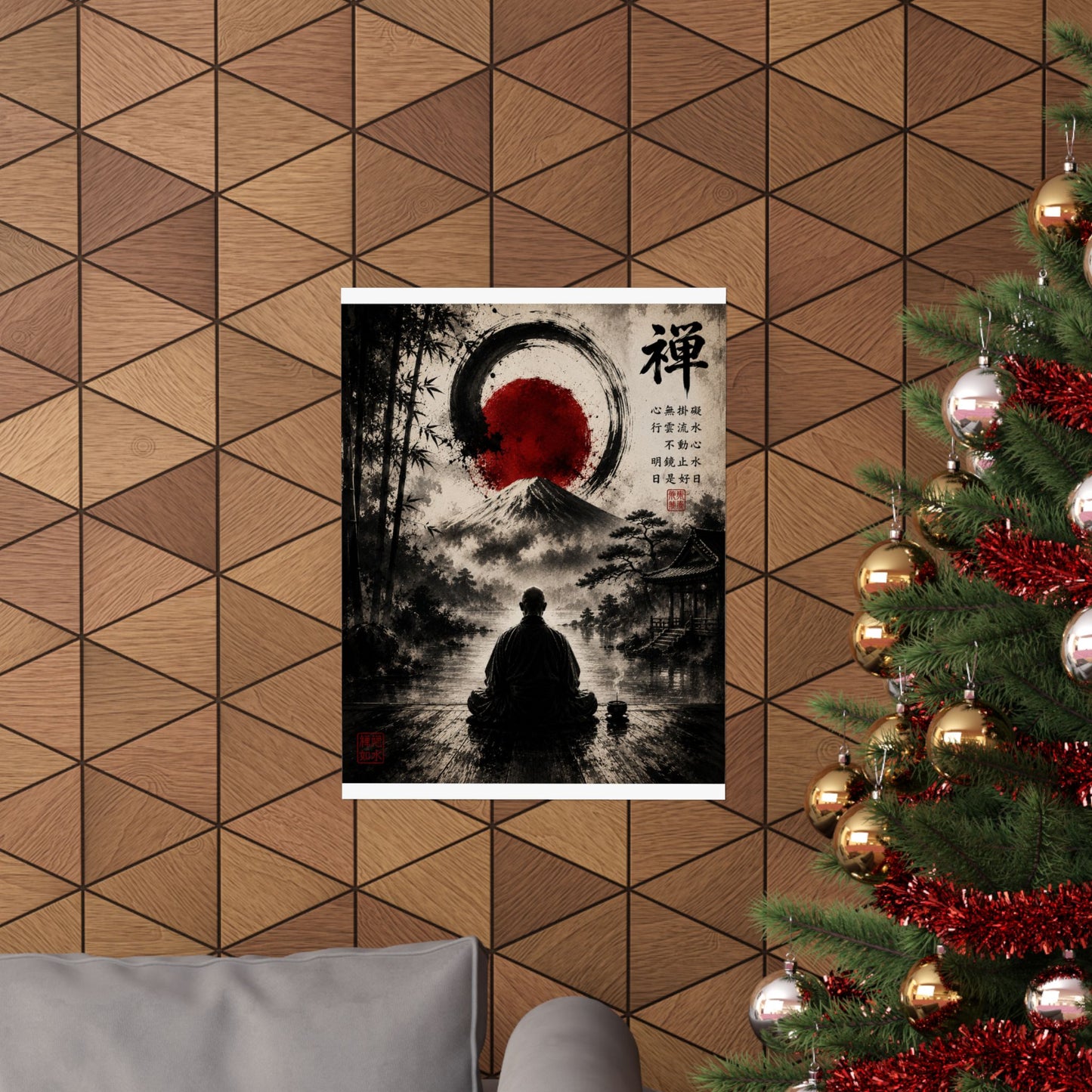 FUJI NOIR Zen Meditation Poster — Japanese Mountain & Enso Art Matte Vertical Print
