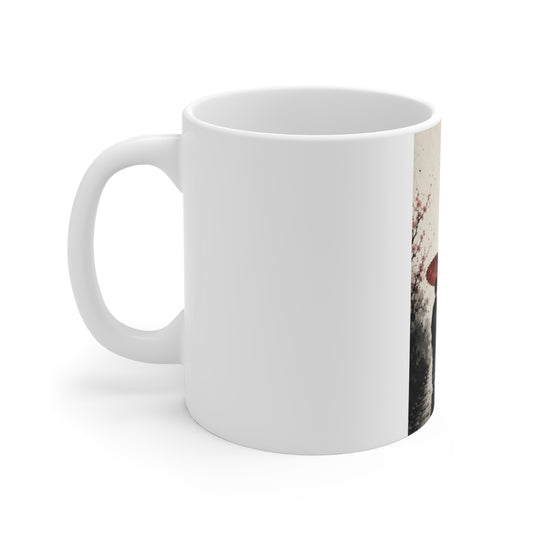 Japanese Sumi-E Mug — Woman with Red Umbrella & Torii Shrine (11oz)