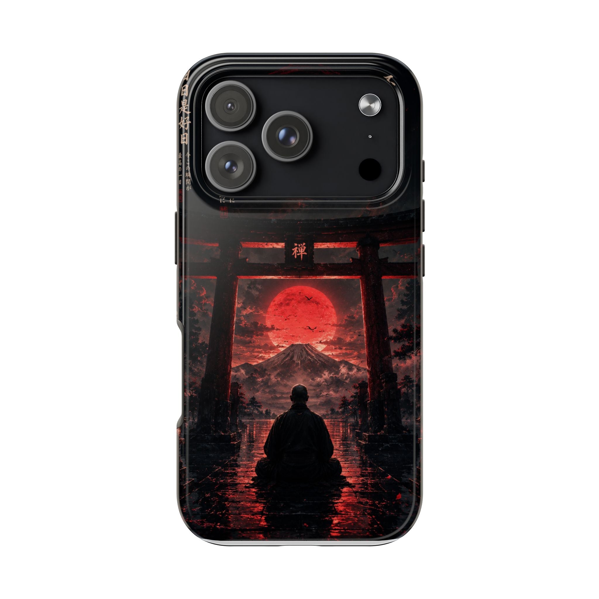 Tough Phone Case — Samurai Silhouette at Red Rising Sun (Japanese Torii, Meditative Design)