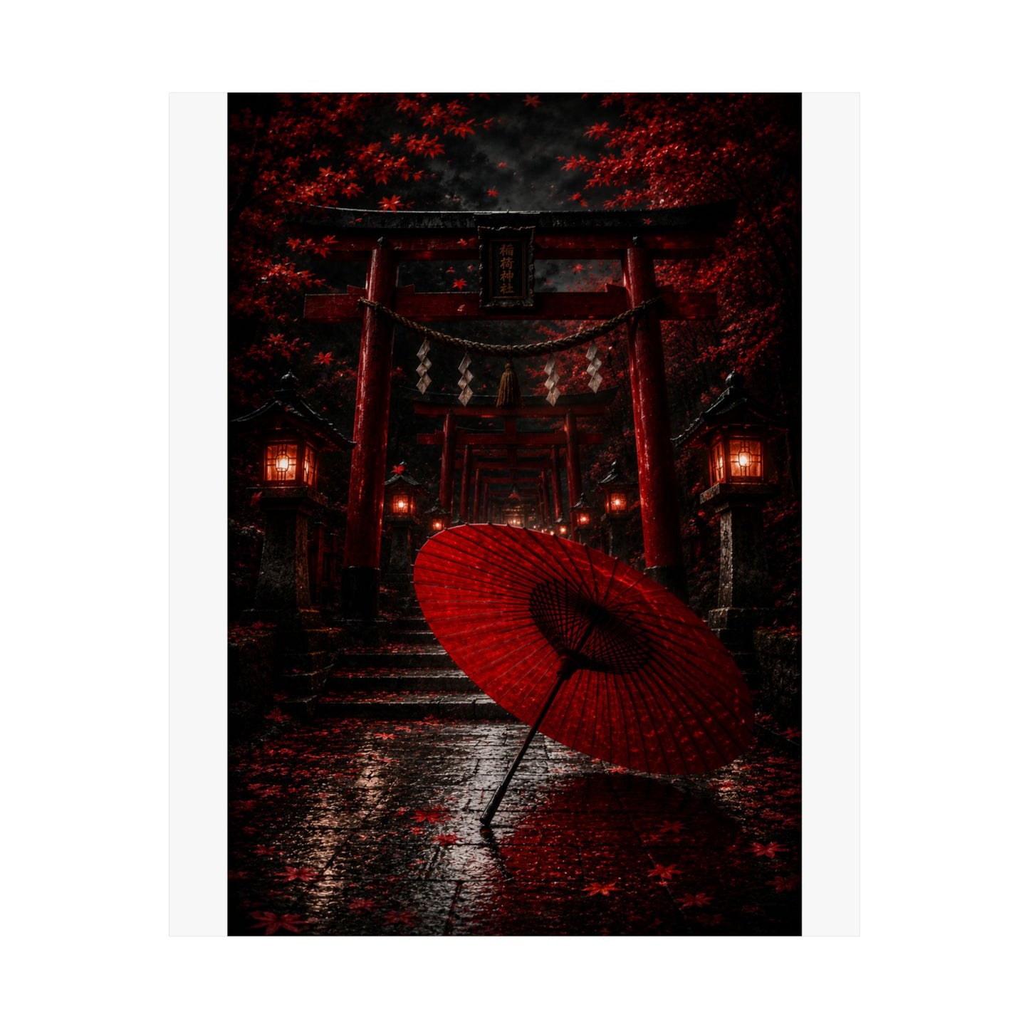 Japanese Torii Gate Poster — Red Umbrella Nightfall Matte Vertical Art