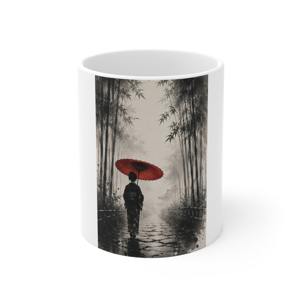 Red Umbrella Zen Mug — Bamboo Forest Silhouette Coffee Cup