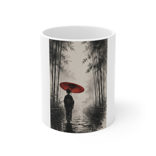 Red Umbrella Zen Mug — Bamboo Forest Silhouette Coffee Cup