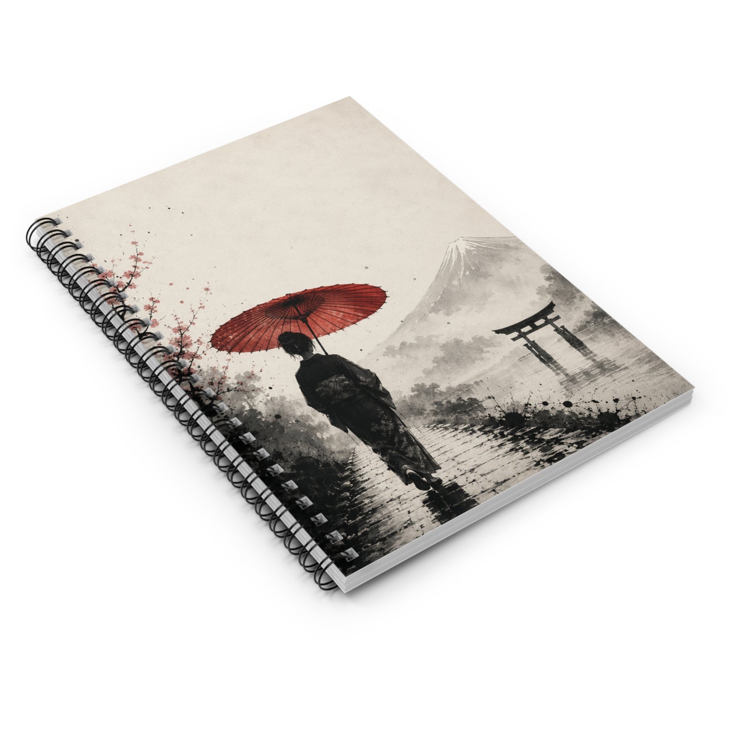 Japanese Geisha Notebook — Red Umbrella & Mount Fuji Spiral Journal (Ruled)
