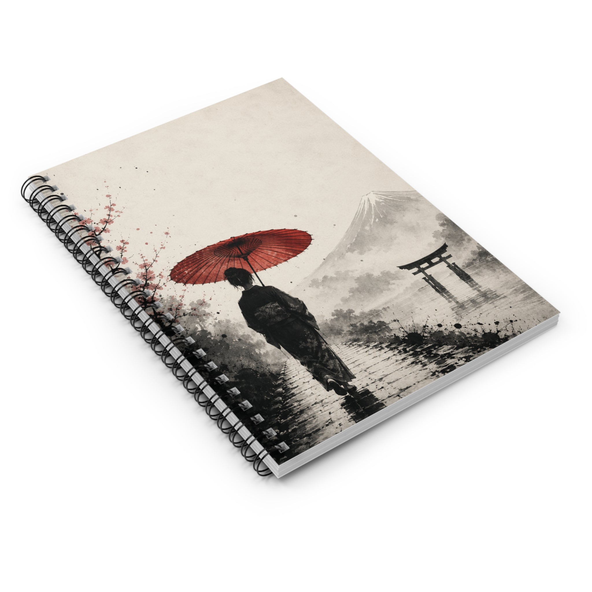 Japanese Geisha Notebook — Red Umbrella & Mount Fuji Spiral Journal (Ruled)