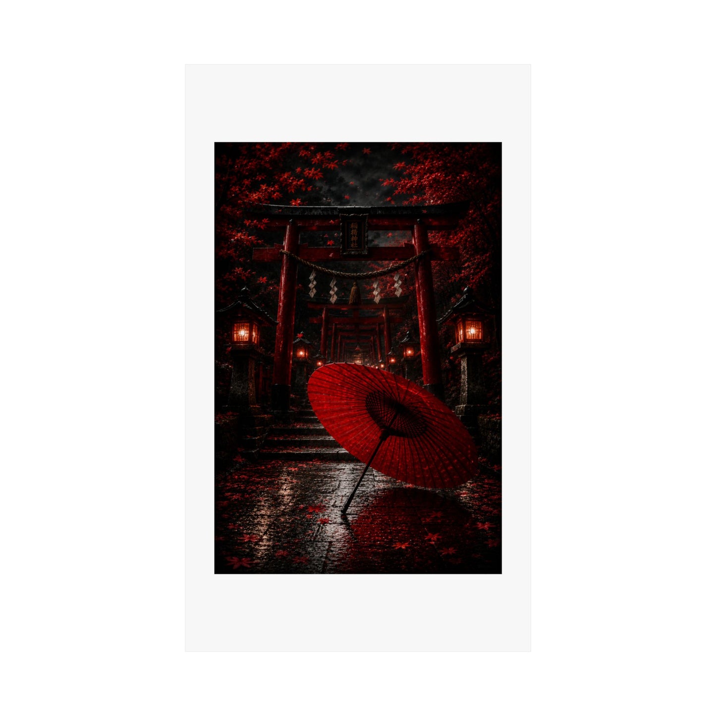 Japanese Torii Gate Poster — Red Umbrella Nightfall Matte Vertical Art