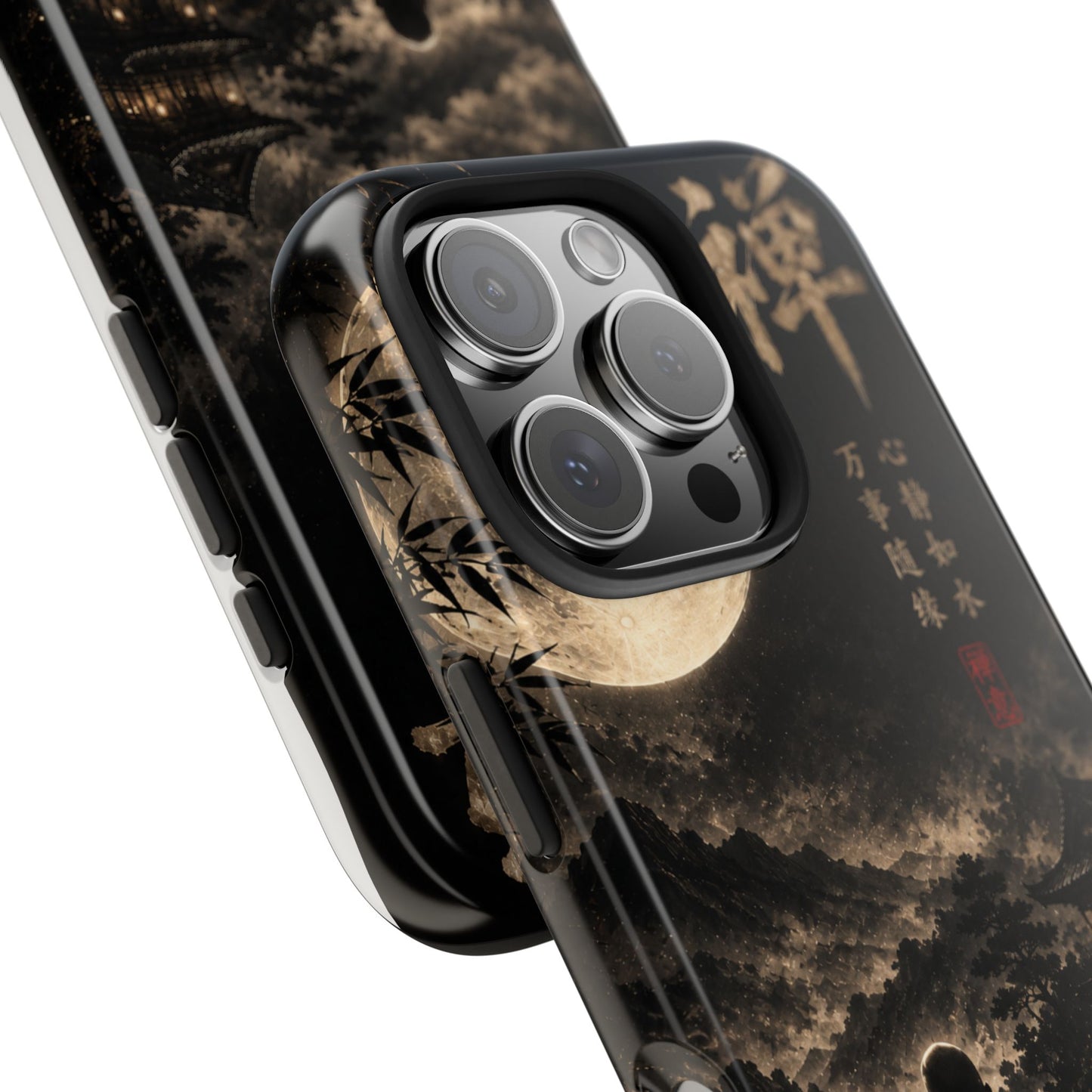 Zen Moon Tough Phone Case — Meditating Silhouette with Japanese Calligraphy