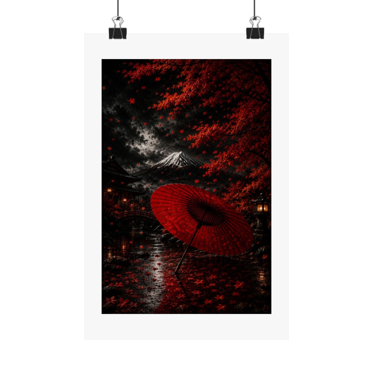 Red Umbrella Autumn Poster — Matte Vertical Japanese Landscape Print