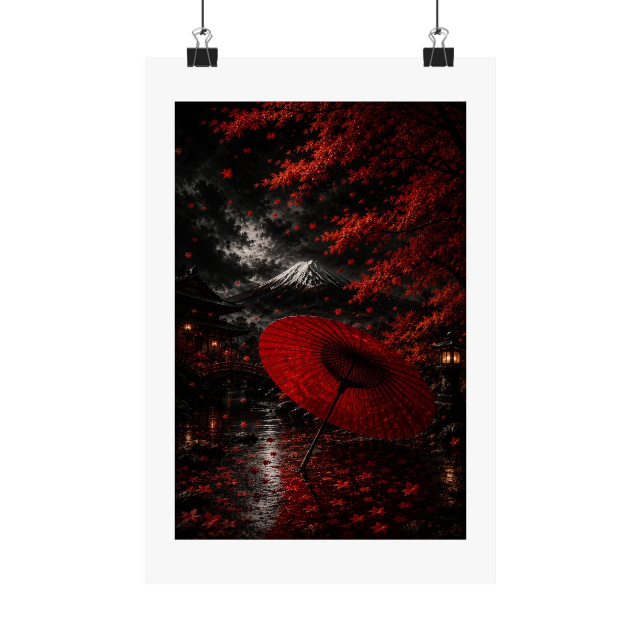 Red Umbrella Autumn Poster — Matte Vertical Japanese Landscape Print