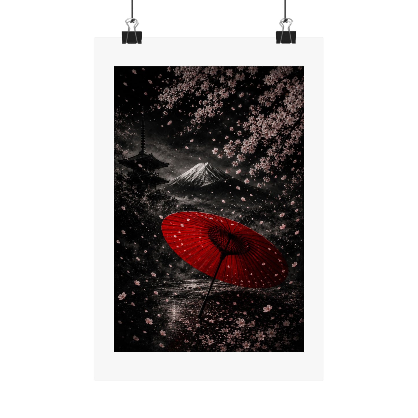 Japanese Cherry Blossom Poster — Red Umbrella & Mt. Fuji Matte Vertical Art