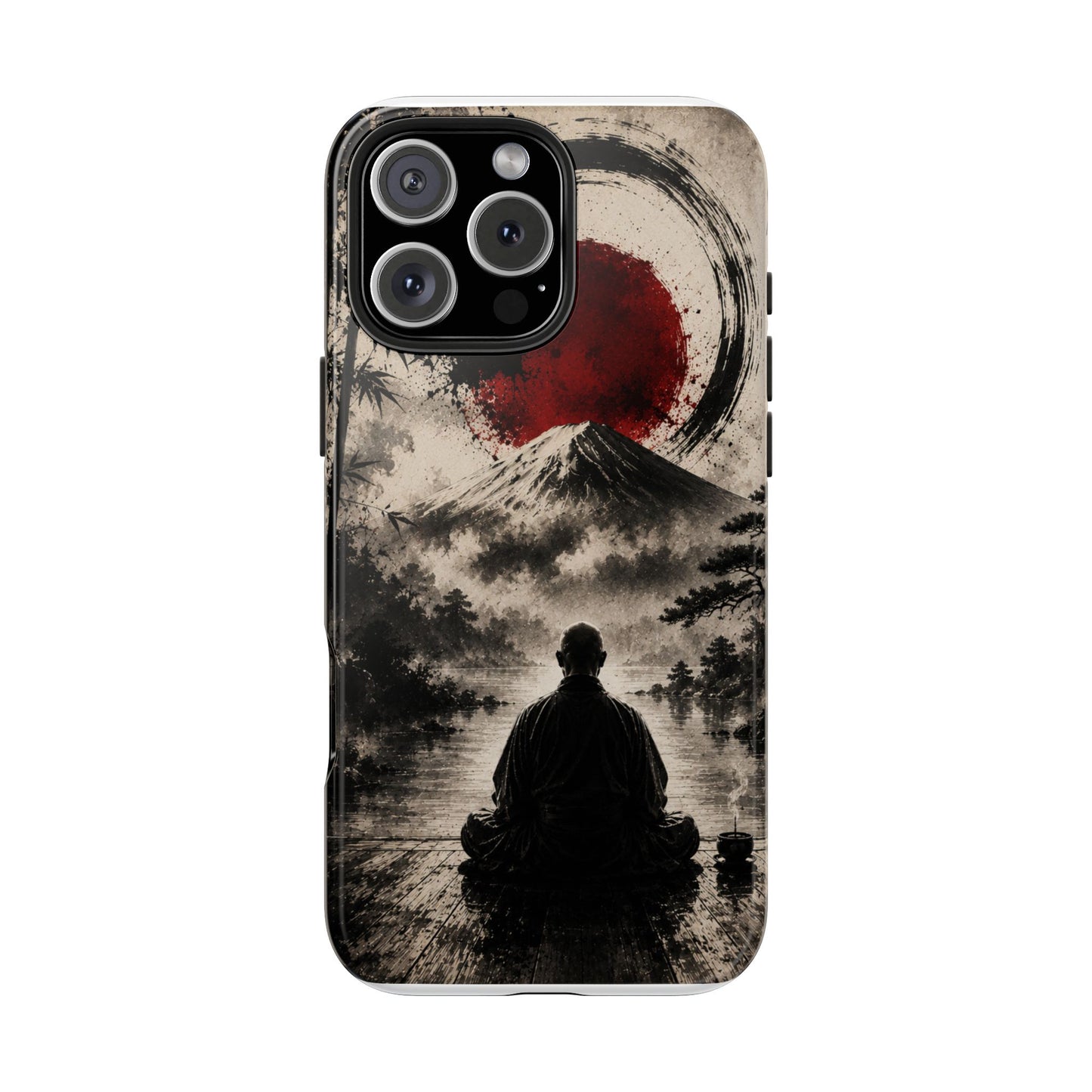 Zen Samurai Phone Case — Japanese Ink Mountain with Rising Sun Tough Protective Cover