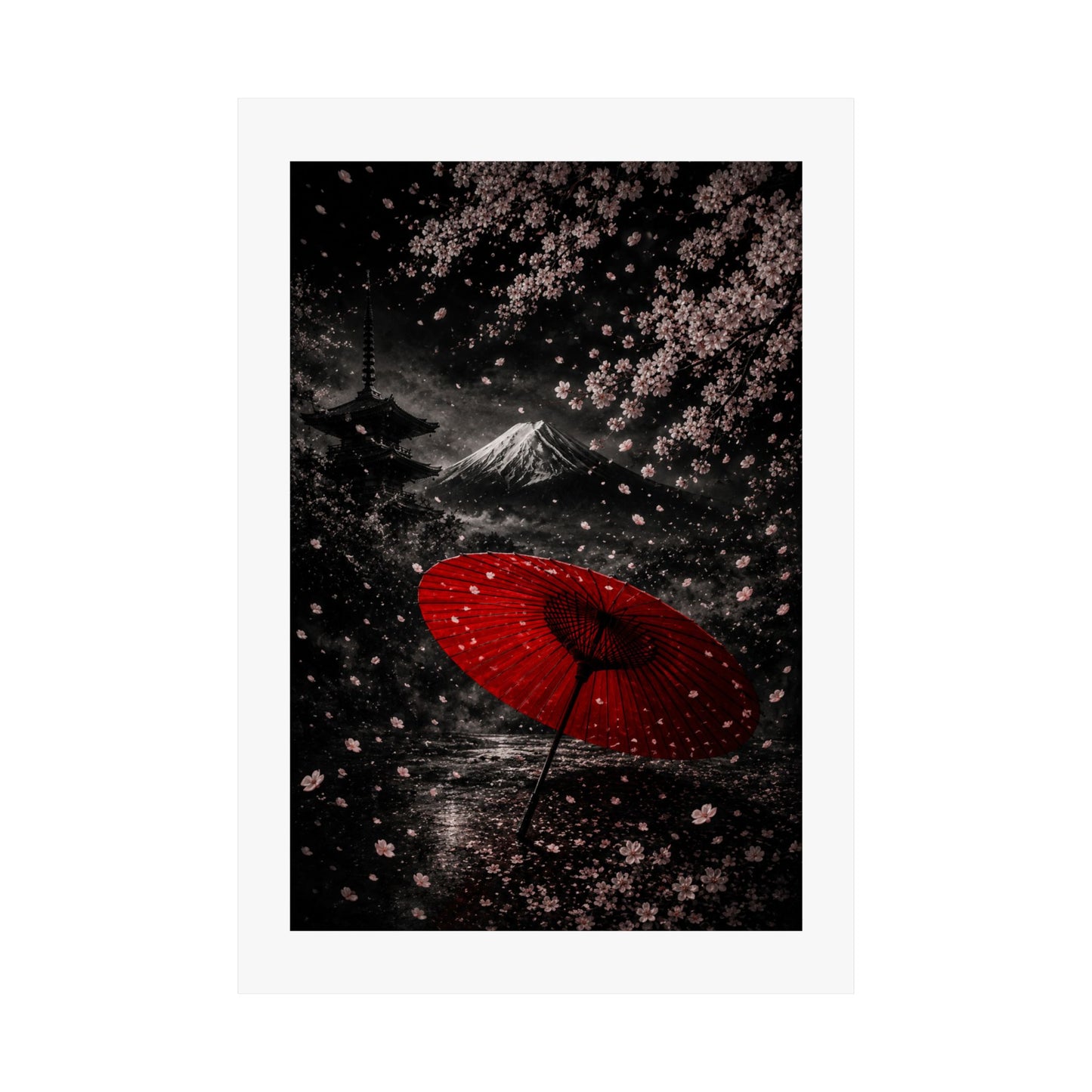 Japanese Cherry Blossom Poster — Red Umbrella & Mt. Fuji Matte Vertical Art