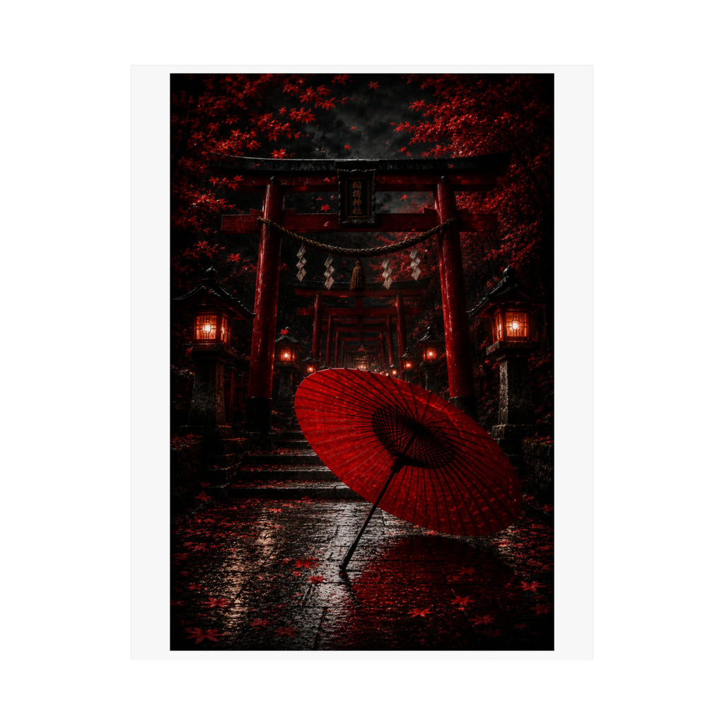 Japanese Torii Gate Poster — Red Umbrella Nightfall Matte Vertical Art