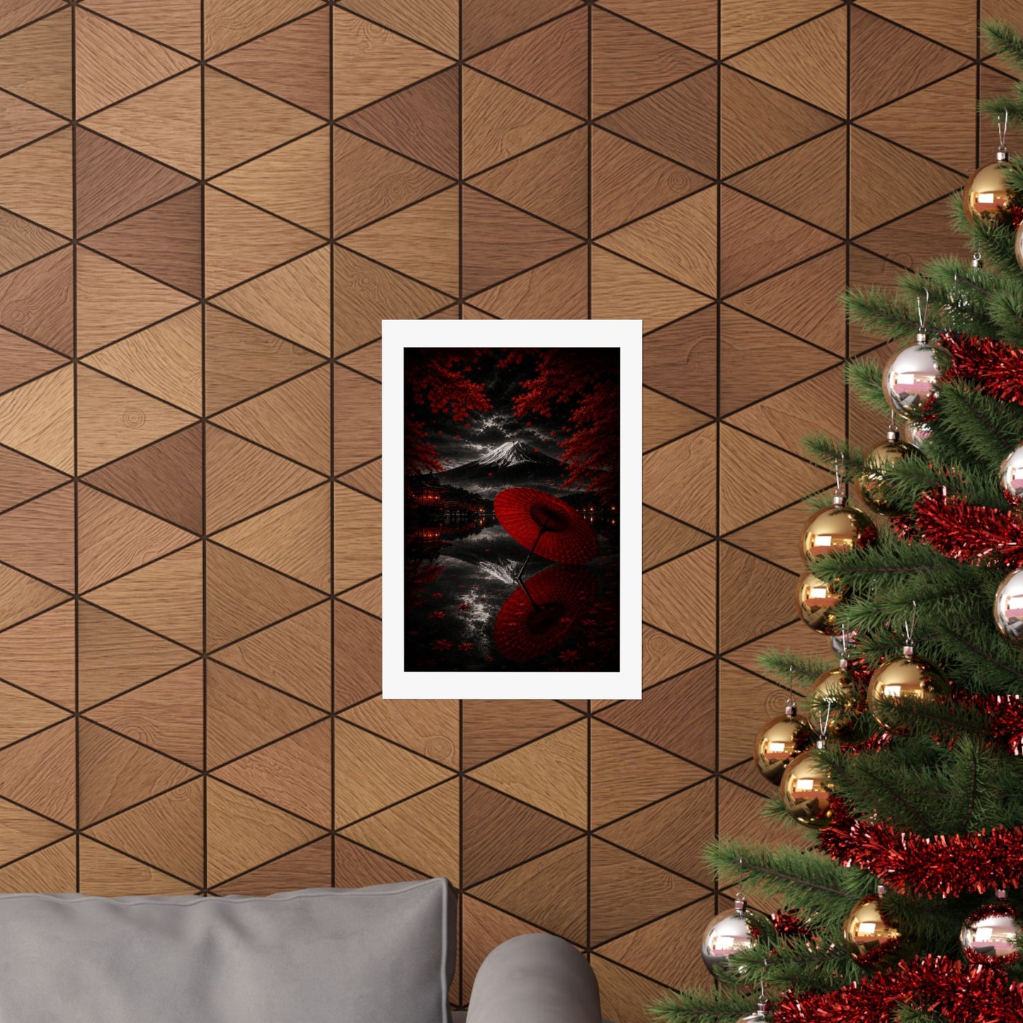 Japanese Red Umbrella & Mount Fuji Matte Poster — Vertical Wall Art
