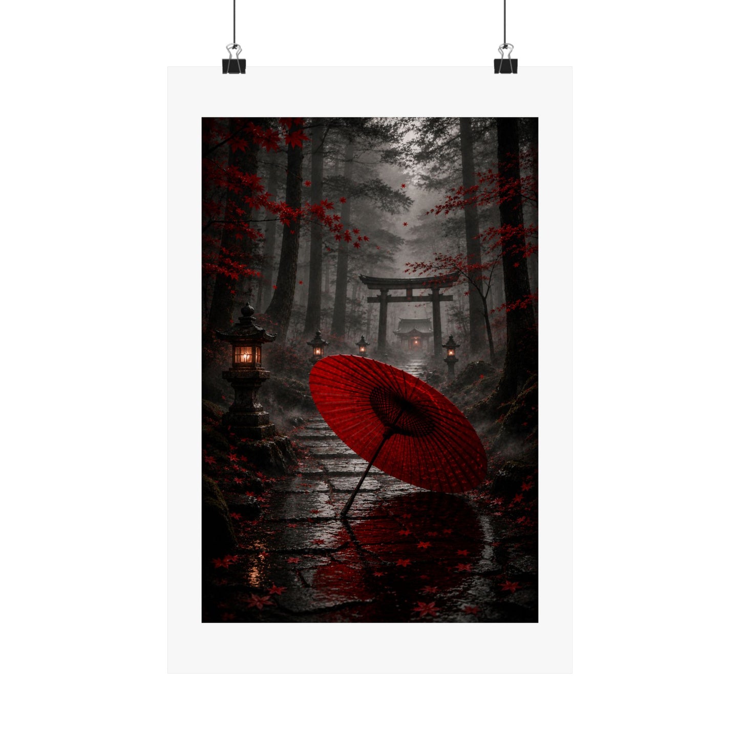 Japanese Torii Forest Poster — Red Umbrella Matte Vertical Art Print