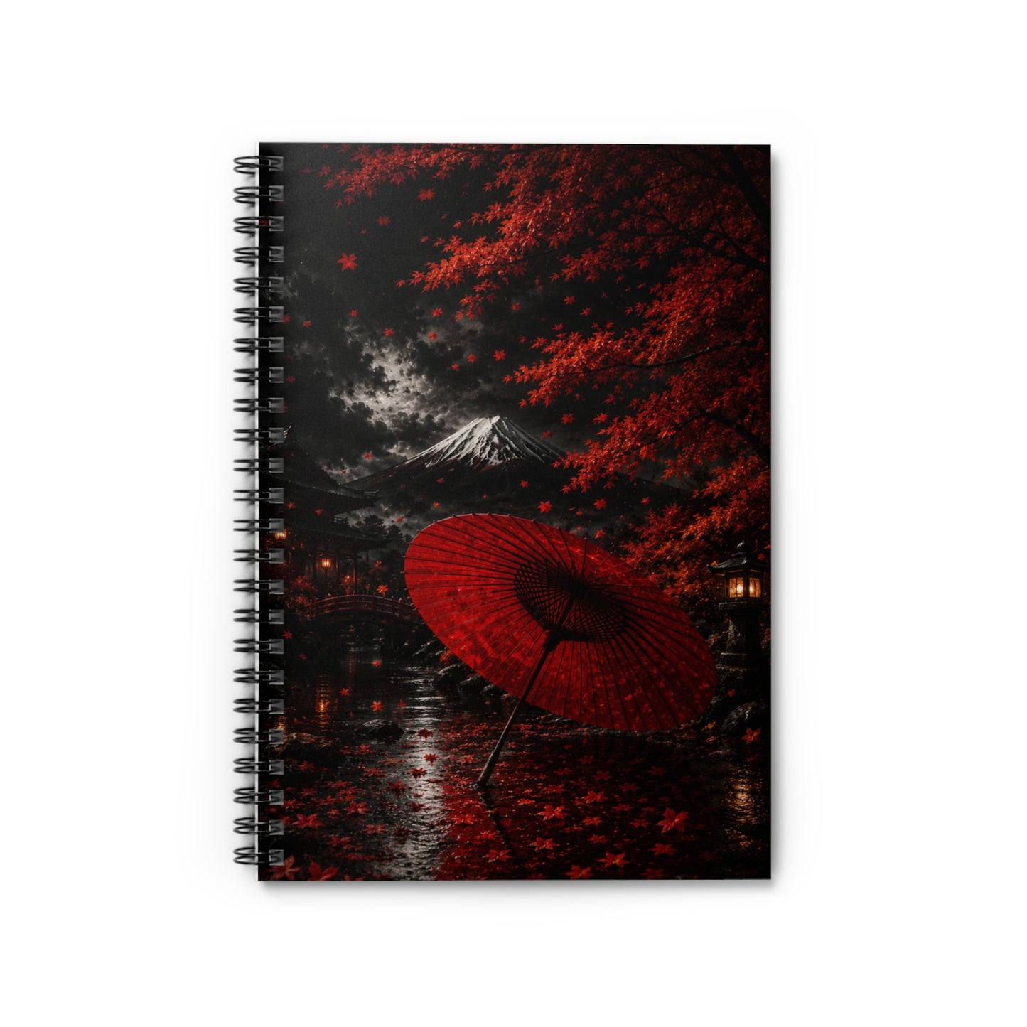 Red Maple Night Spiral Notebook — Japanese Umbrella & Mount Fuji Journal (Ruled)