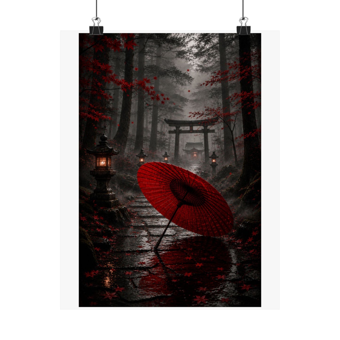 Japanese Torii Forest Poster — Red Umbrella Matte Vertical Art Print