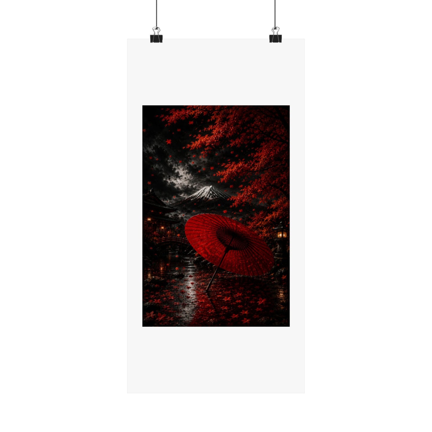 Red Umbrella Autumn Poster — Matte Vertical Japanese Landscape Print