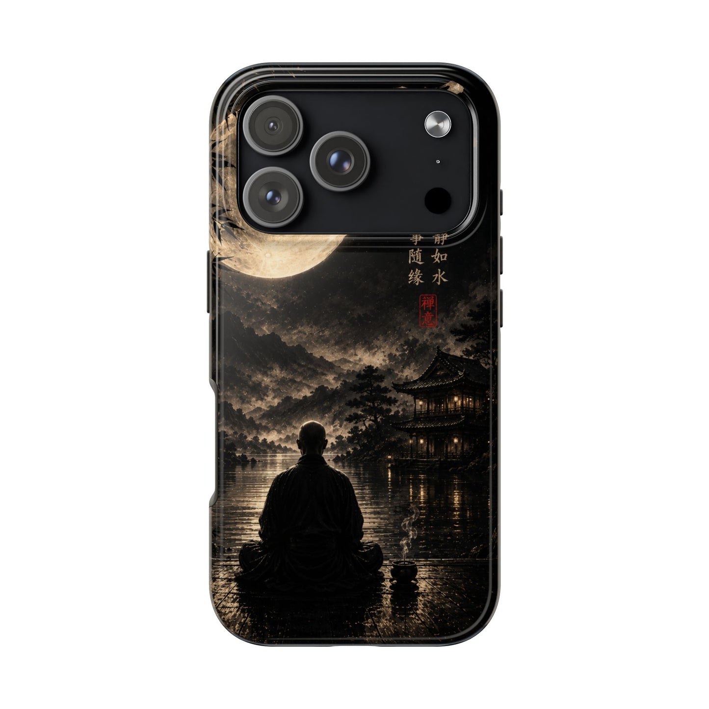 Zen Moon Tough Phone Case — Meditating Silhouette with Japanese Calligraphy