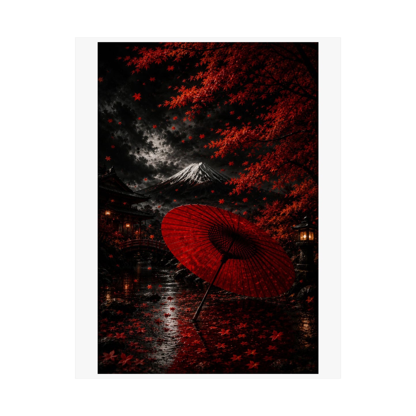 Red Umbrella Autumn Poster — Matte Vertical Japanese Landscape Print