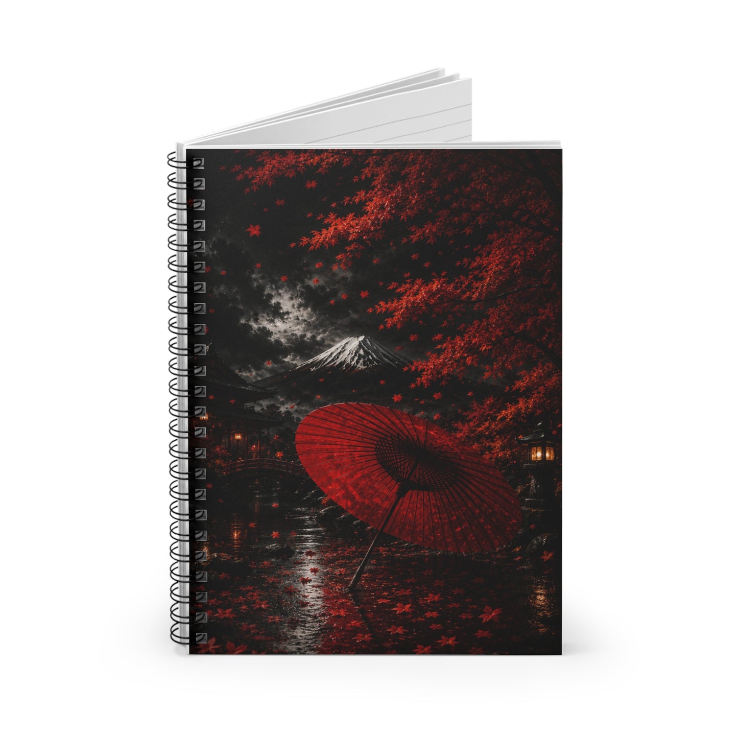 Red Maple Night Spiral Notebook — Japanese Umbrella & Mount Fuji Journal (Ruled)