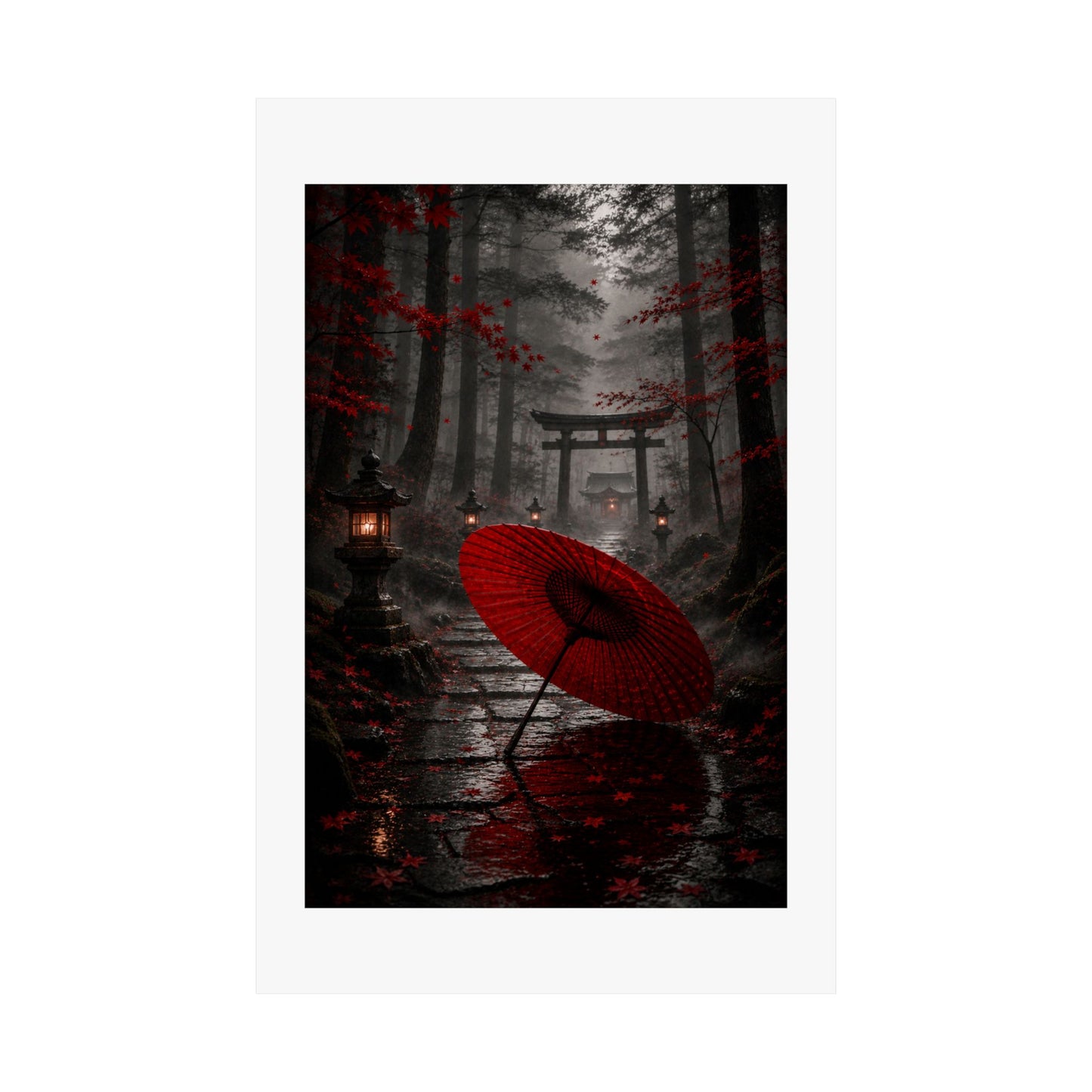Japanese Torii Forest Poster — Red Umbrella Matte Vertical Art Print