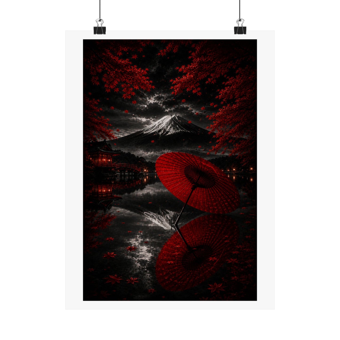 Japanese Red Umbrella & Mount Fuji Matte Poster — Vertical Wall Art
