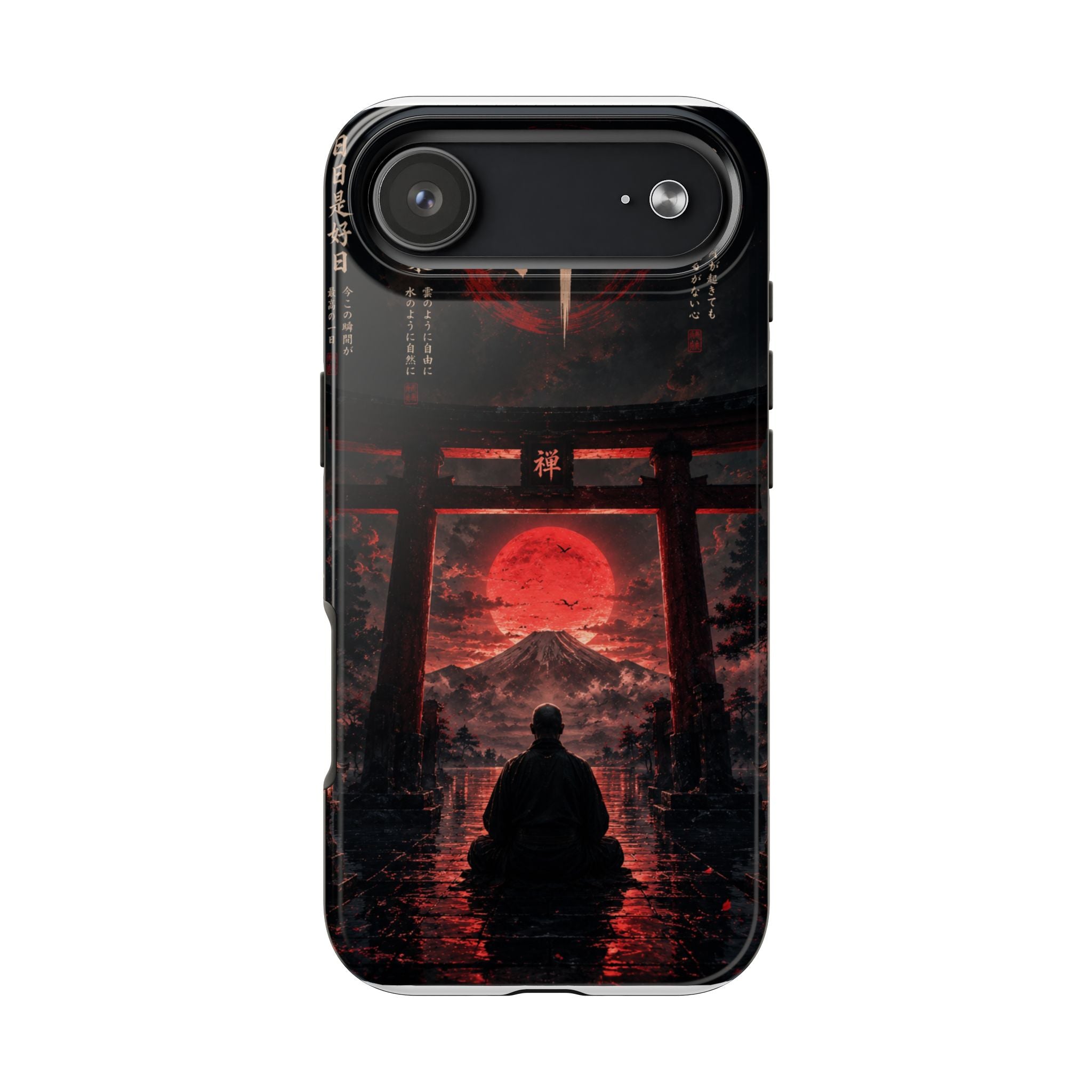 Tough Phone Case — Samurai Silhouette at Red Rising Sun (Japanese Torii, Meditative Design)