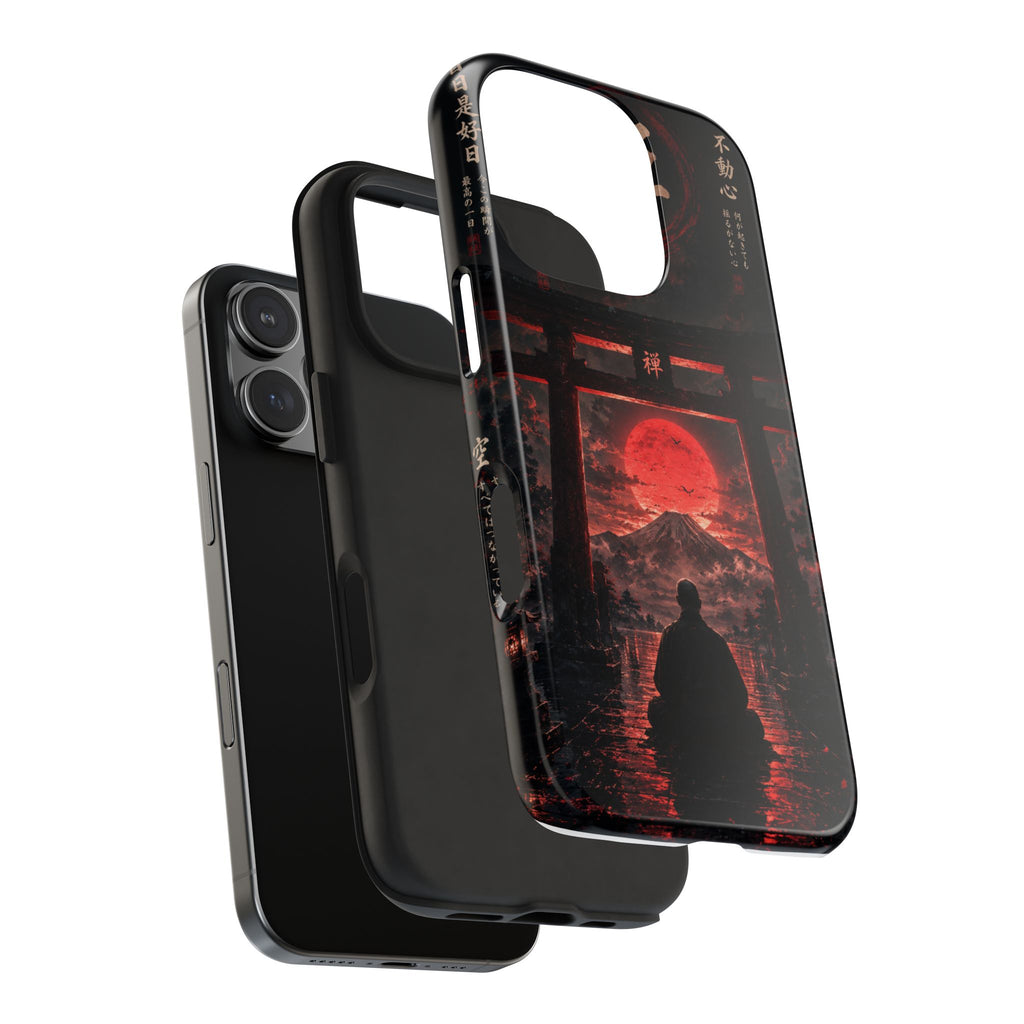 Tough Phone Case — Samurai Silhouette at Red Rising Sun (Japanese Torii, Meditative Design)