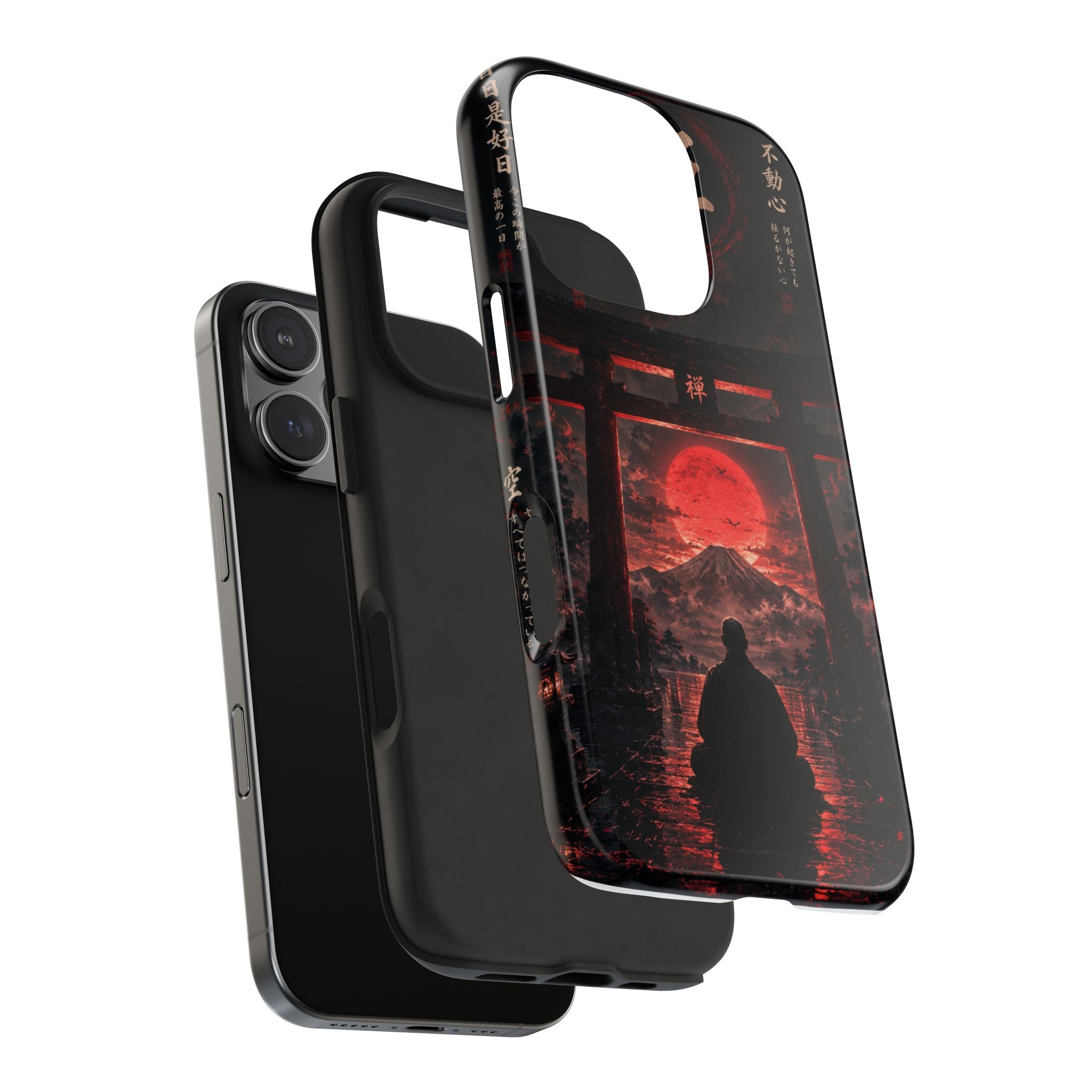Tough Phone Case — Samurai Silhouette at Red Rising Sun (Japanese Torii, Meditative Design)
