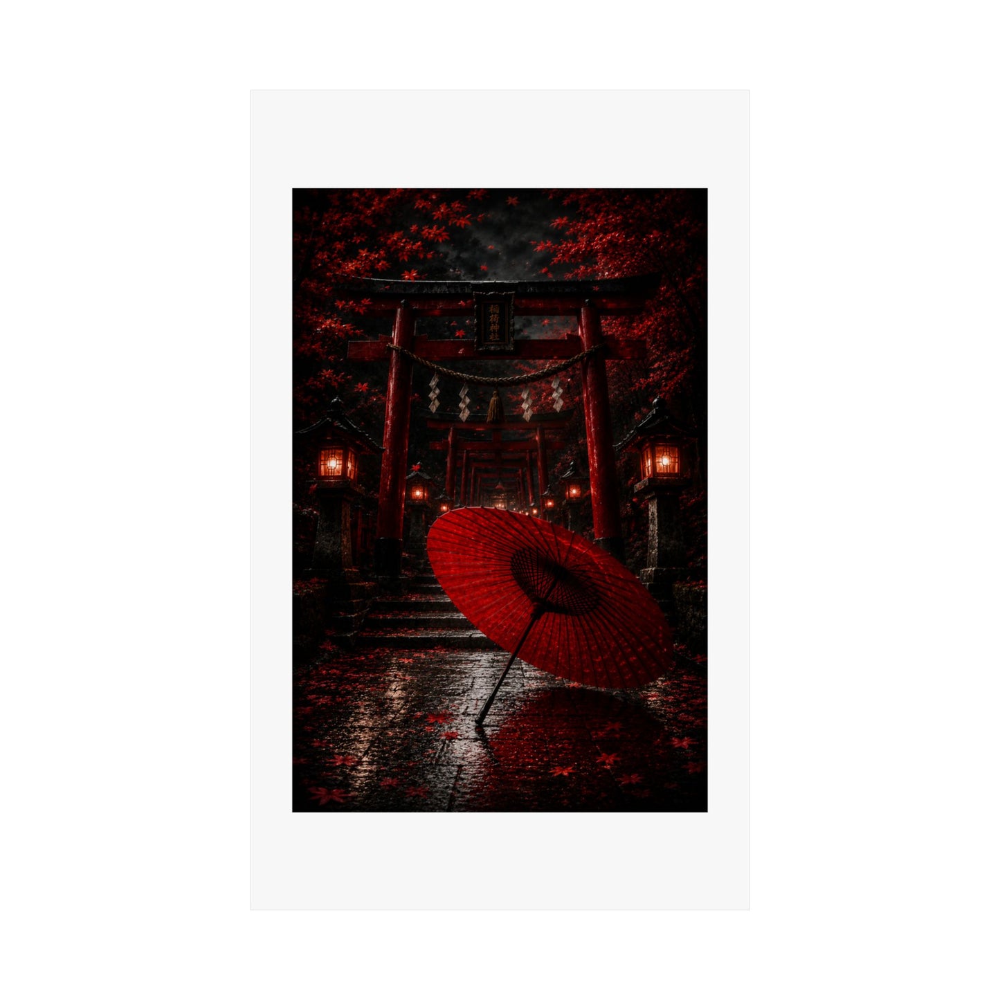 Japanese Torii Gate Poster — Red Umbrella Nightfall Matte Vertical Art