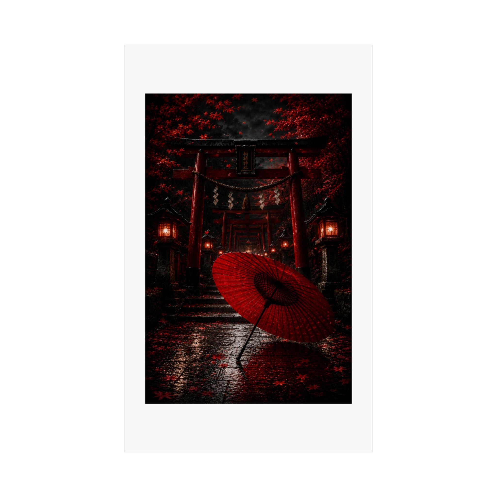 Japanese Torii Gate Poster — Red Umbrella Nightfall Matte Vertical Art
