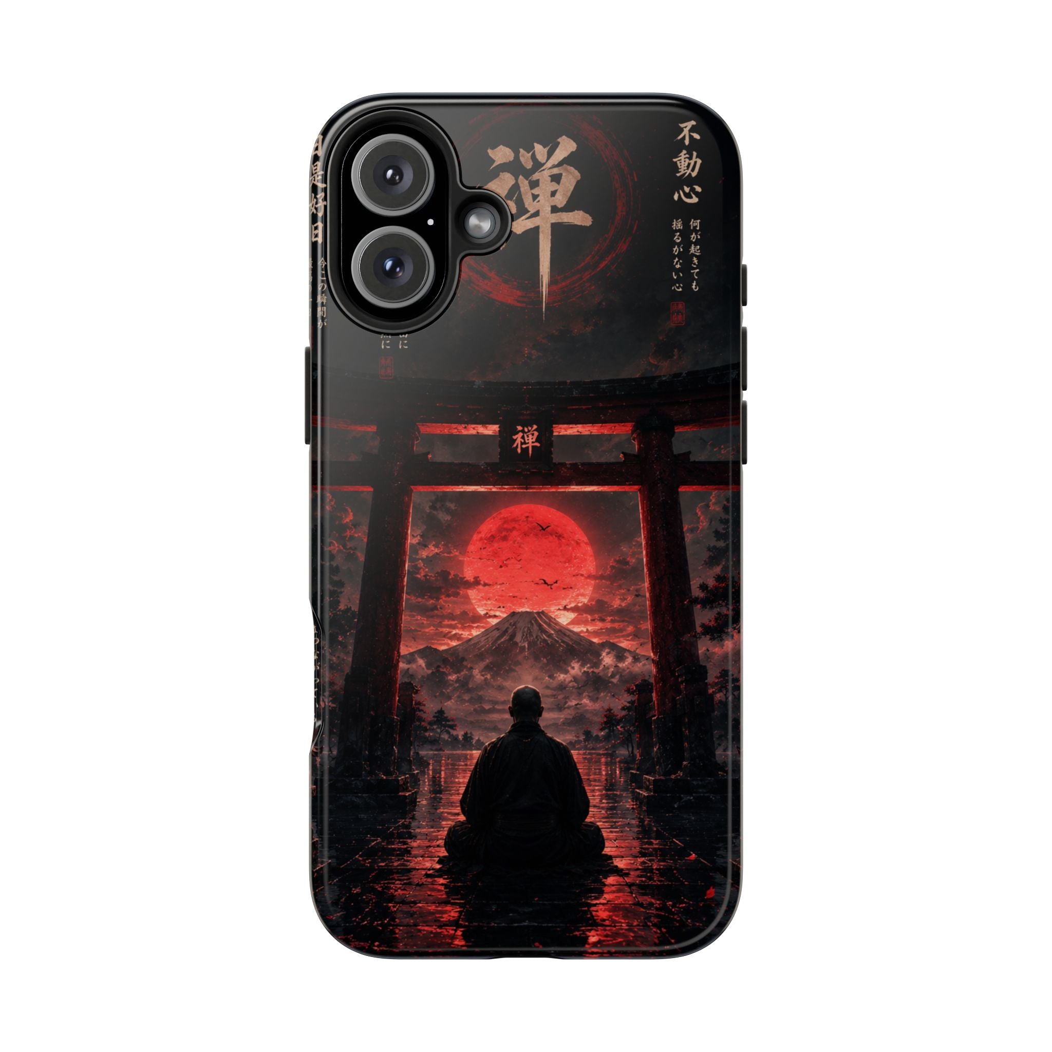Tough Phone Case — Samurai Silhouette at Red Rising Sun (Japanese Torii, Meditative Design)