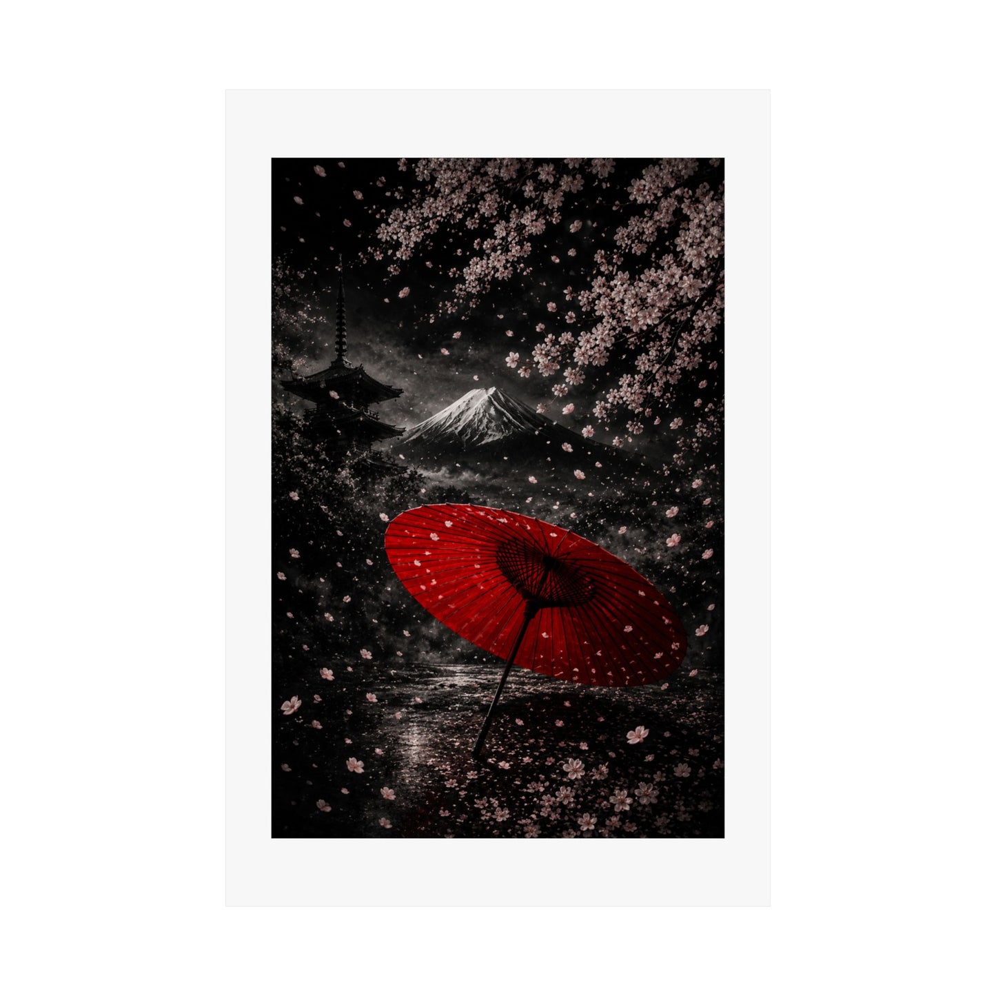 Japanese Cherry Blossom Poster — Red Umbrella & Mt. Fuji Matte Vertical Art