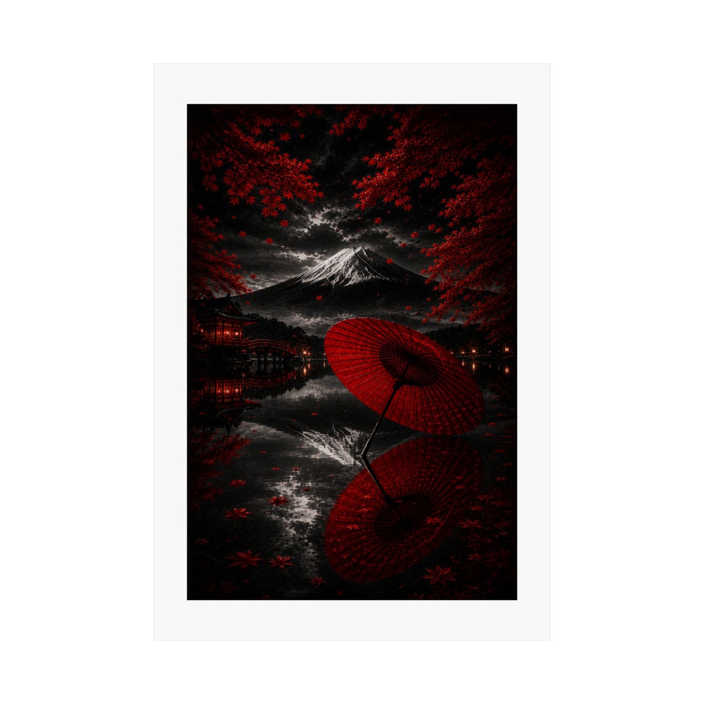 Japanese Red Umbrella & Mount Fuji Matte Poster — Vertical Wall Art