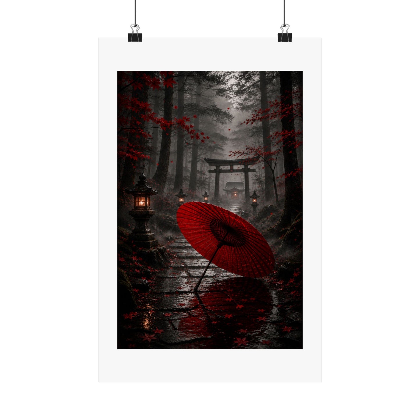 Japanese Torii Forest Poster — Red Umbrella Matte Vertical Art Print