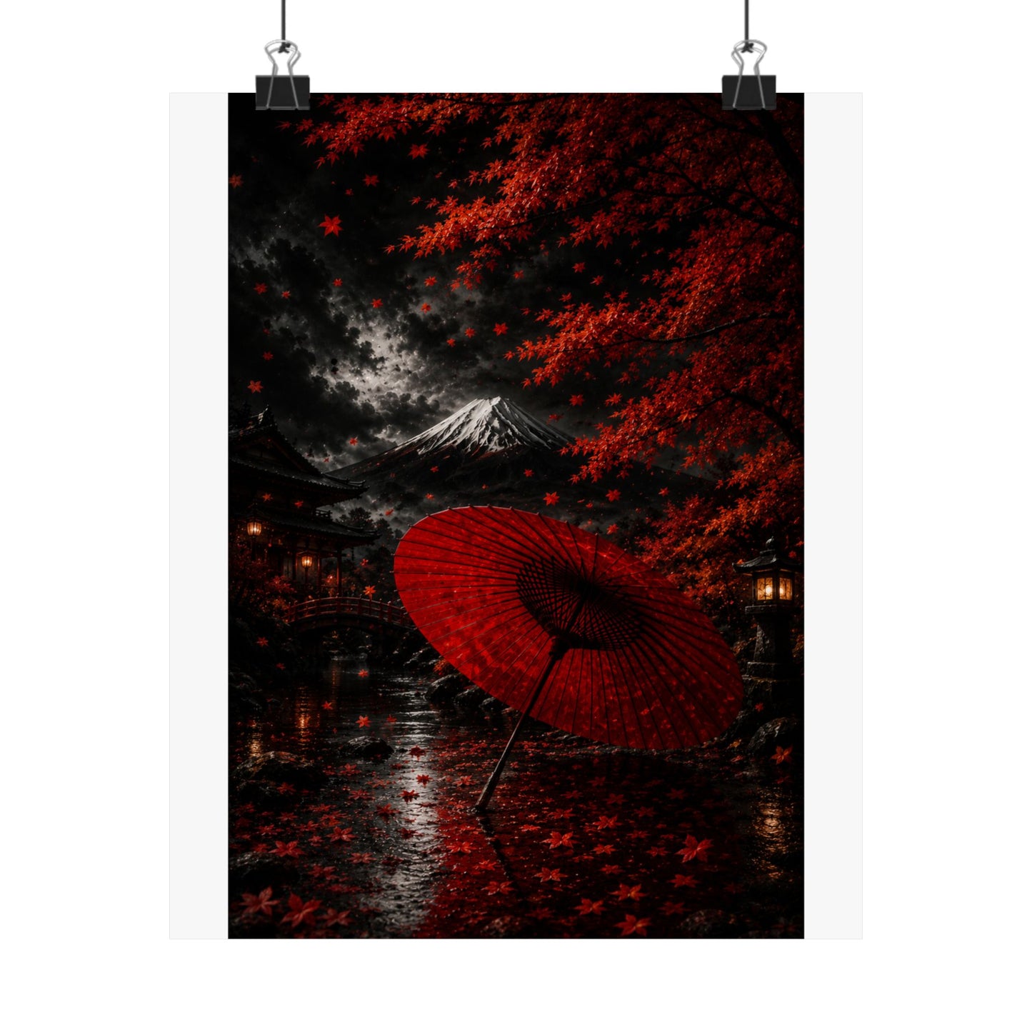 Red Umbrella Autumn Poster — Matte Vertical Japanese Landscape Print