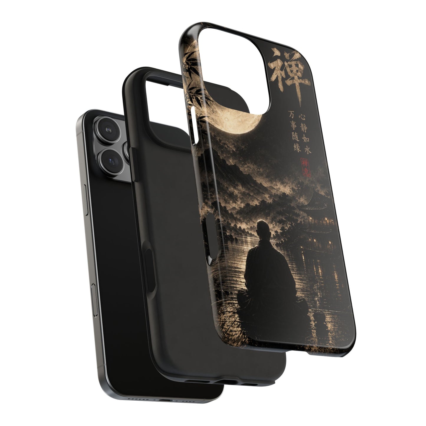 Zen Moon Tough Phone Case — Meditating Silhouette with Japanese Calligraphy