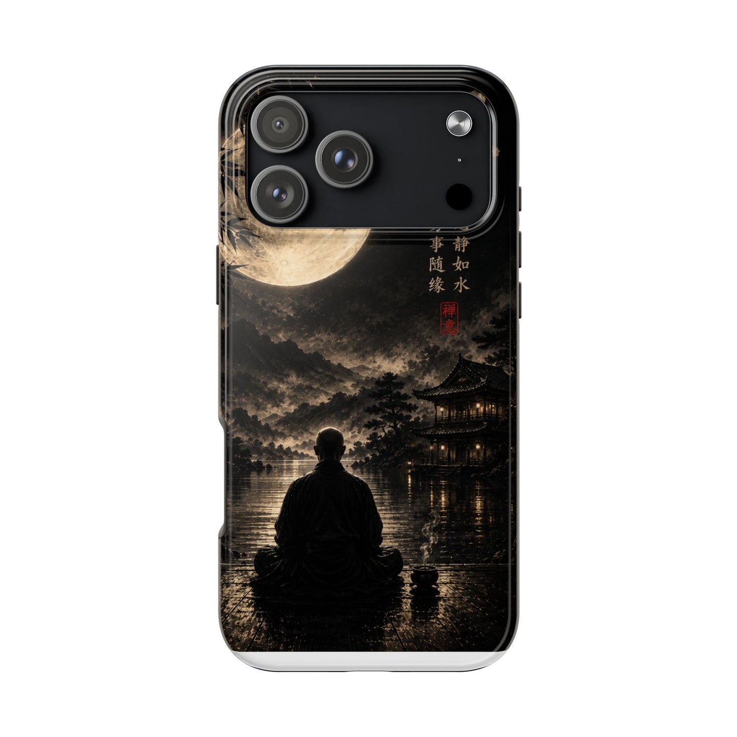 Zen Moon Tough Phone Case — Meditating Silhouette with Japanese Calligraphy