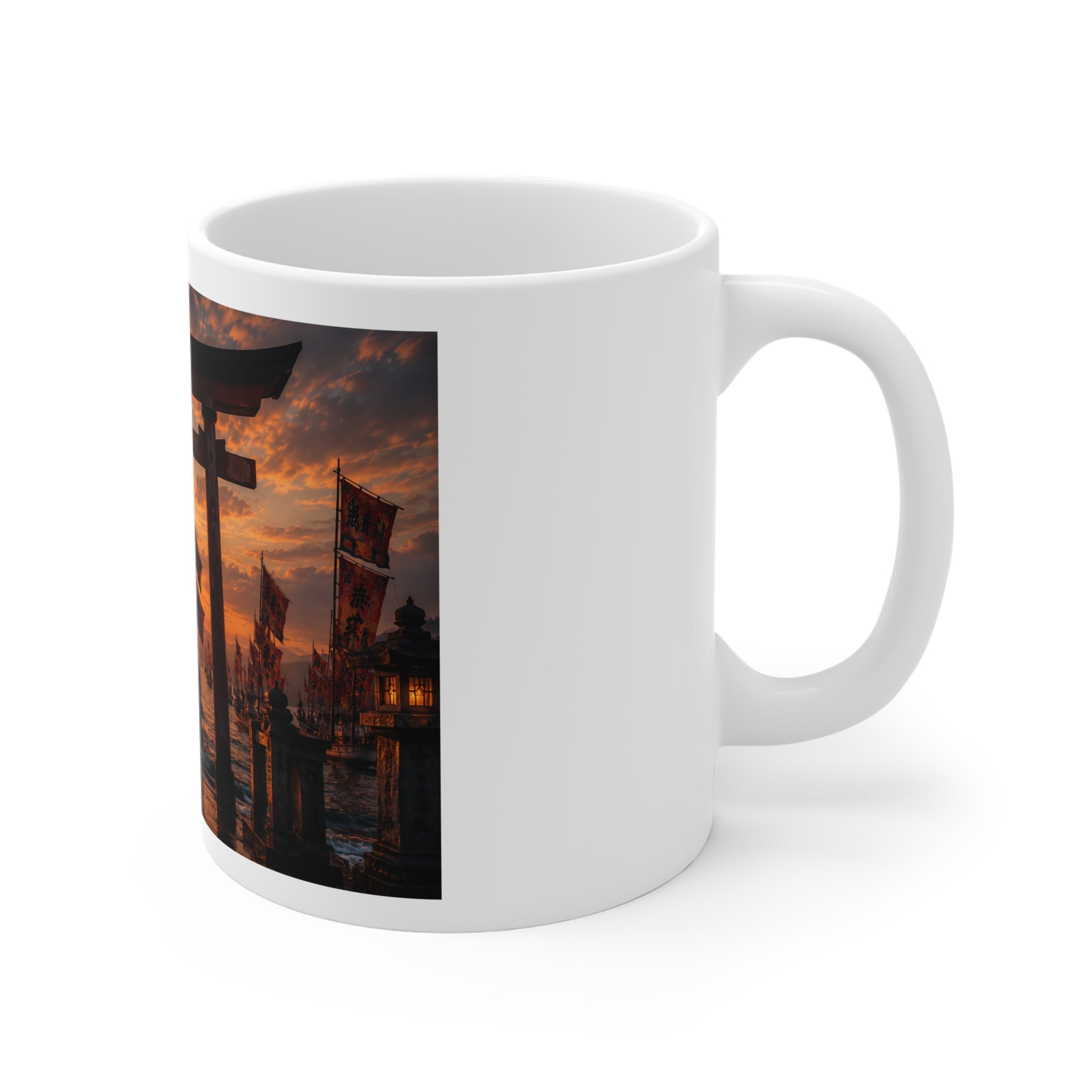 Sunset Torii & Sailing Ships Mug — Japanese Shrine Landscape Coffee Cup