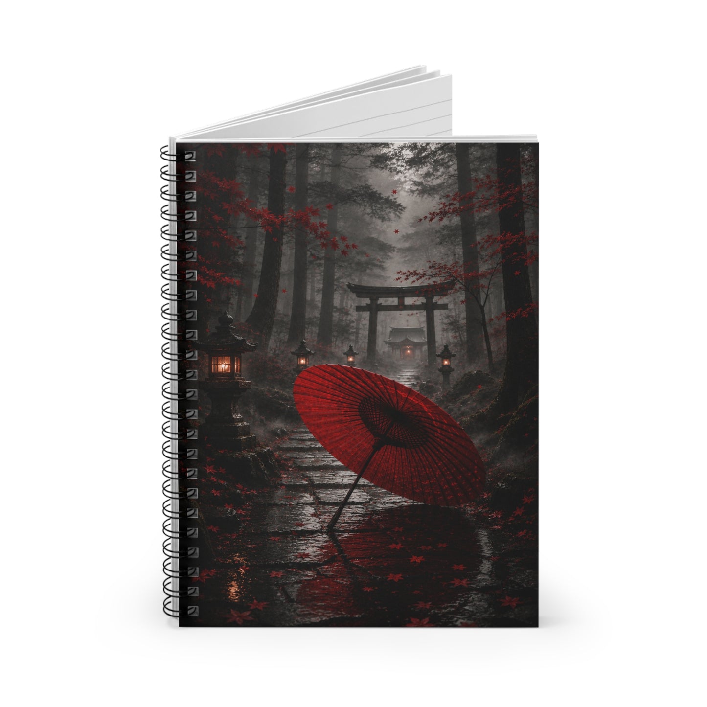Red Umbrella Japanese Forest Spiral Notebook — Ruled Journal for Writing & Sketching