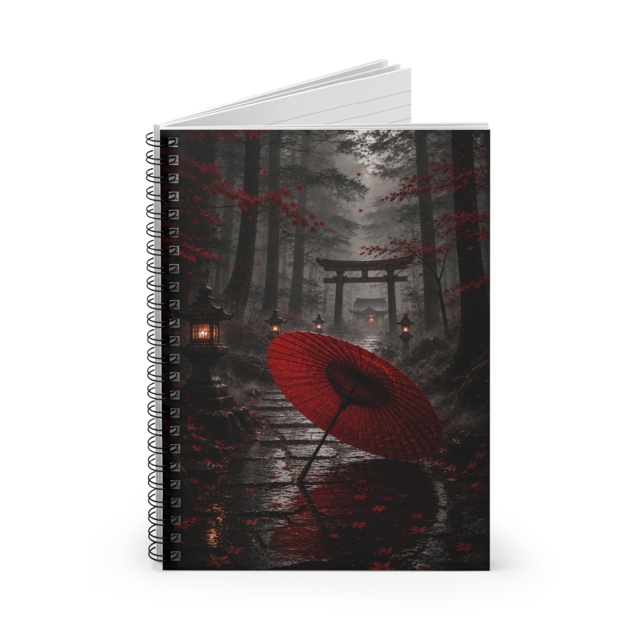 Red Umbrella Japanese Forest Spiral Notebook — Ruled Journal for Writing & Sketching